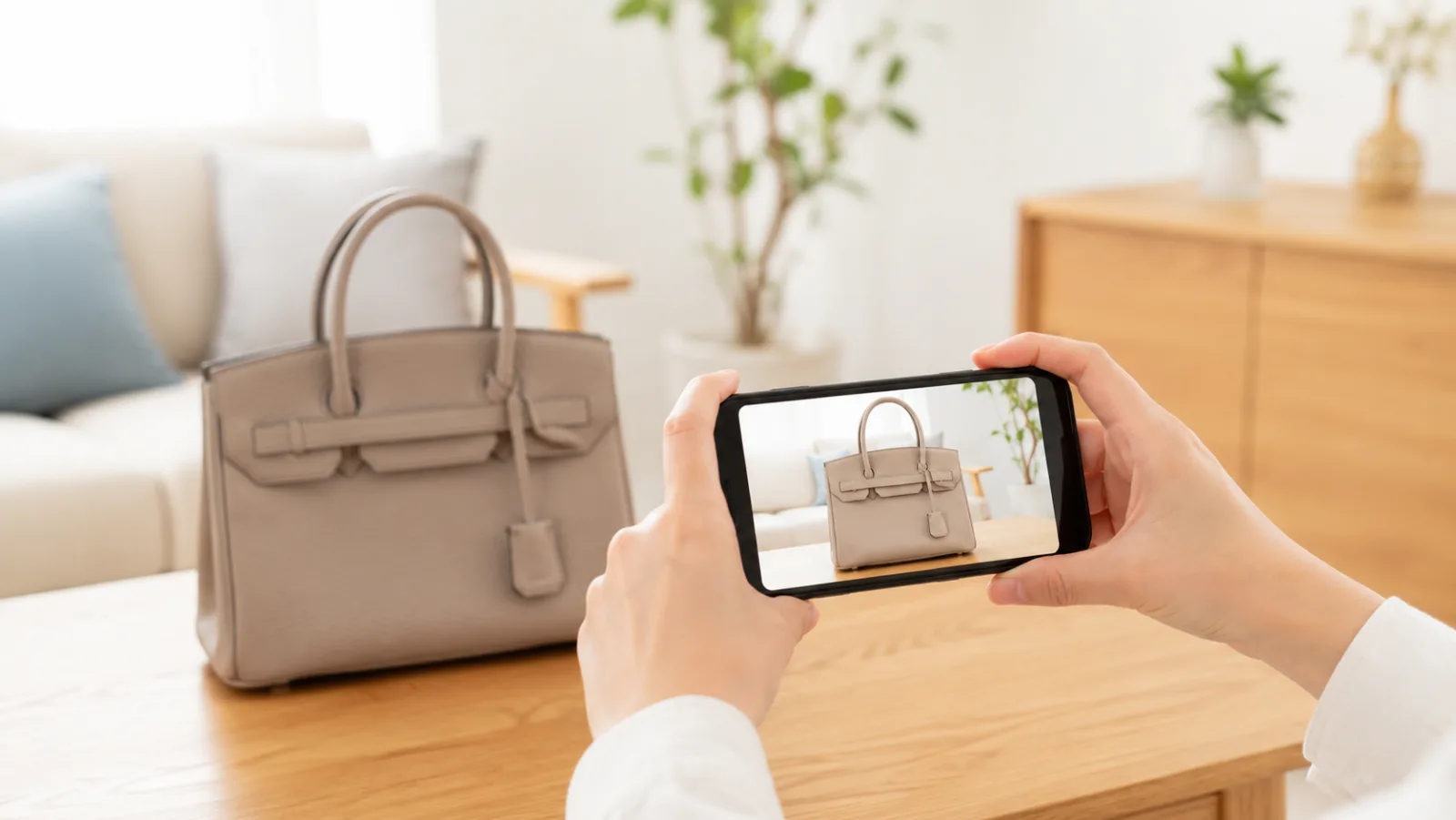 スマホでバッグを撮影する手元